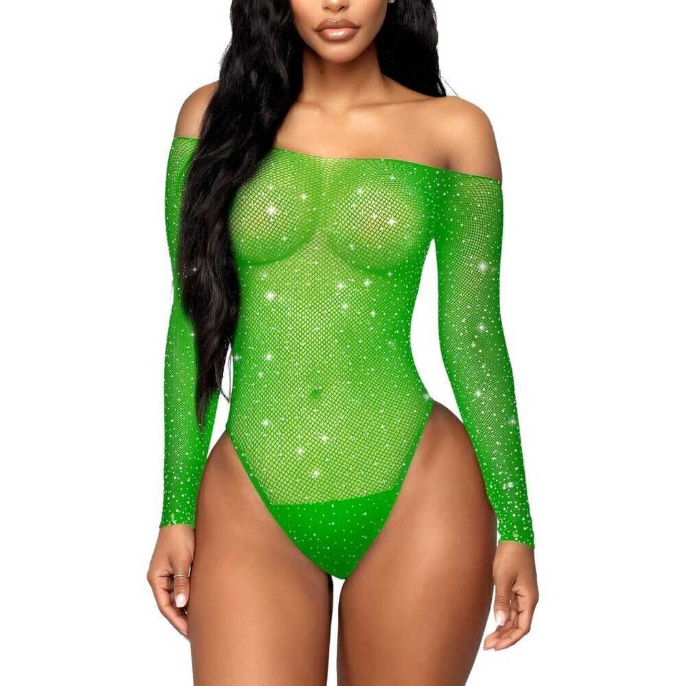 Women Green 1 Lingerie Fishnet Teddy Sparkle Rhinestone One Piece Mesh Bodysuit